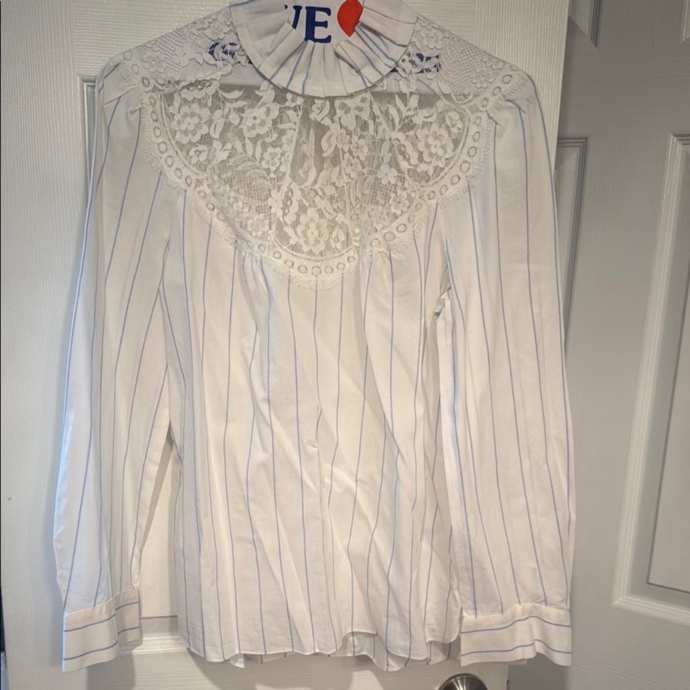 Sandro White and Blue Striped Lace Blouse